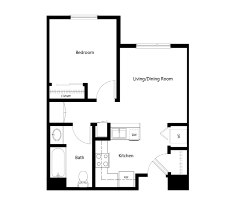 Floor plan for 1 bed, 1 bath, 525 sqft